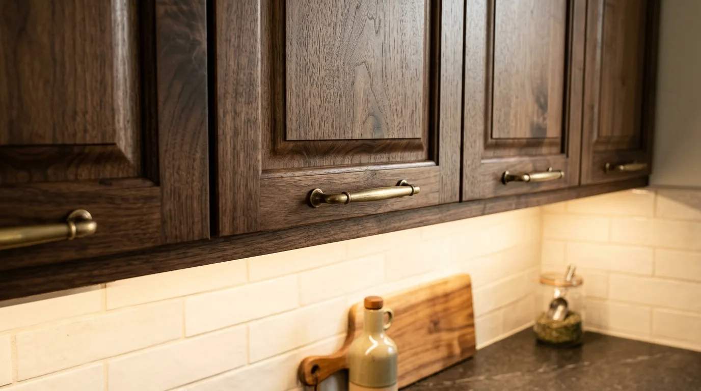 Pair dark wood with lighter stone surfaces inspiration for a walnut kitchen.
